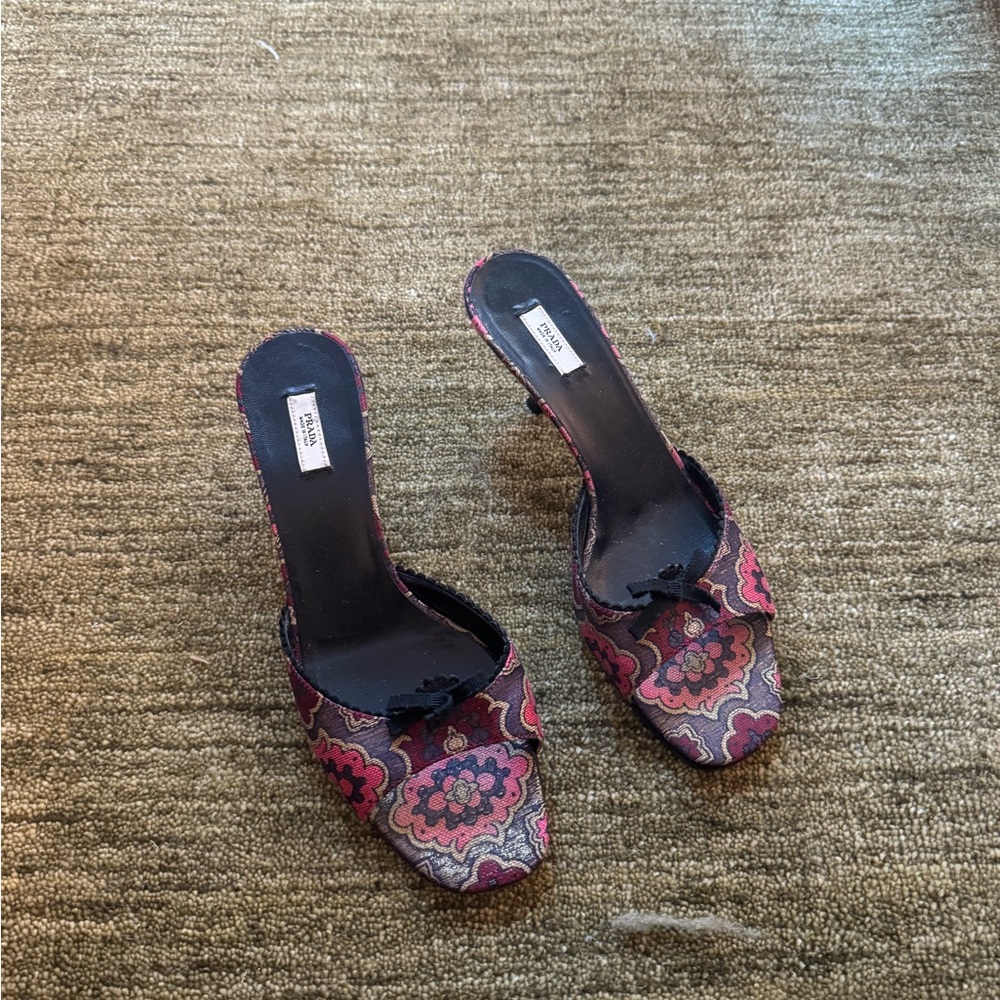 PRADA Vintage Kitten Heels in Red Floral Print